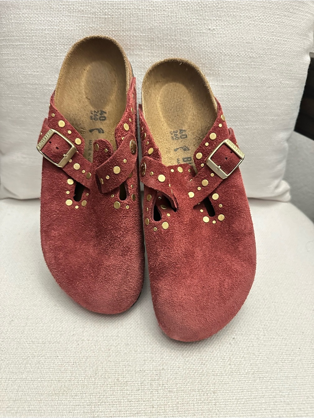 Birkenstock Red Suede Studded Clog Mule with Buckle - Picture 2 of 5